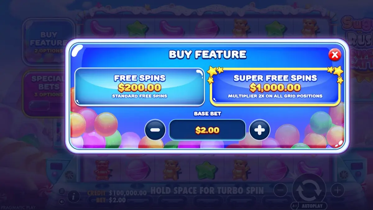 Tampilan grid 7x7 Sugar Rush Super Scatter dengan simbol permen berwarna-warni